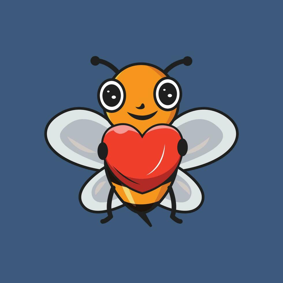 süß Biene halten groß Herz Karikatur Aufkleber Vektor Illustration