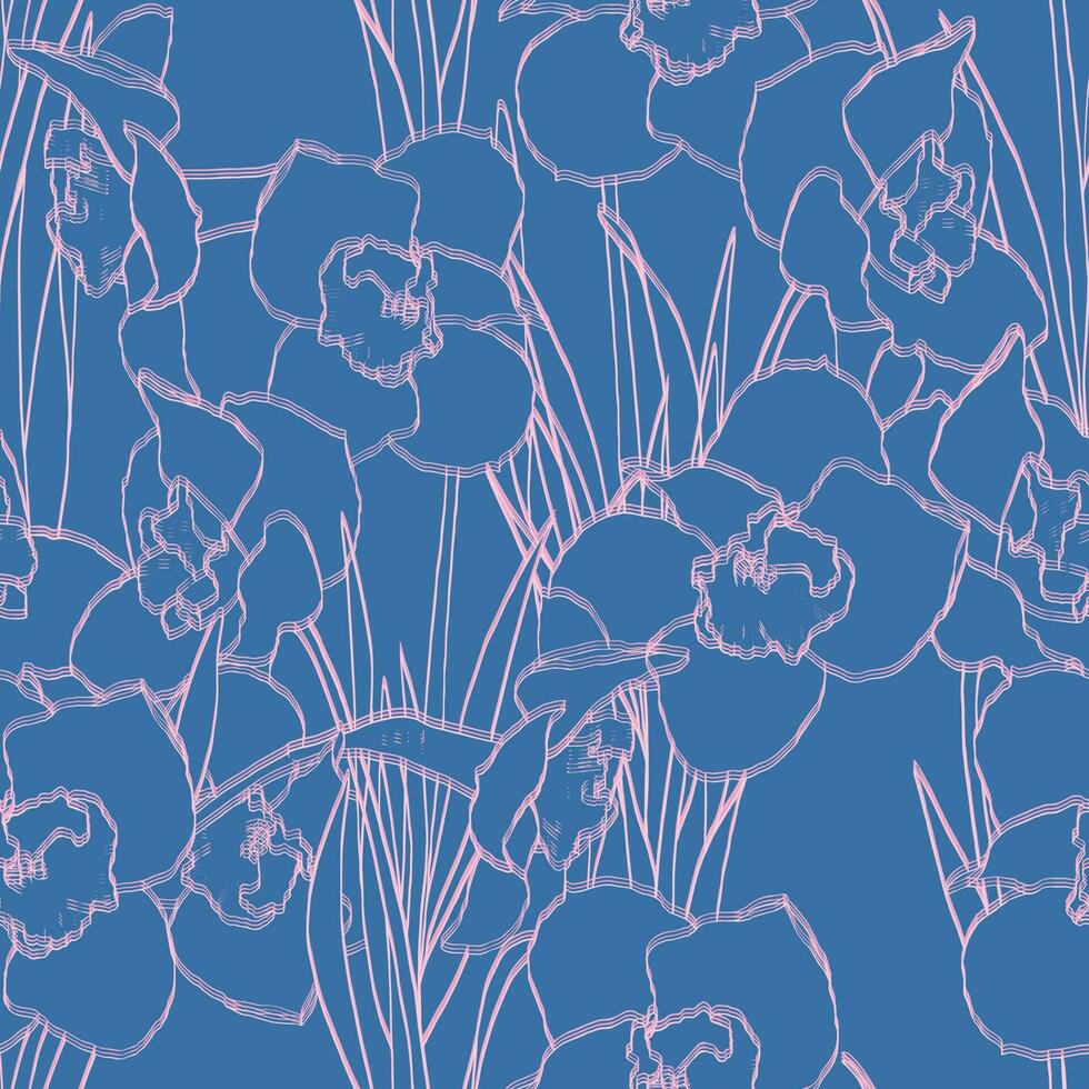 Muster mit doppelt Linie Narzissen. linear Jahrgang Rosa Blumen- drucken auf Blau Hintergrund vektor