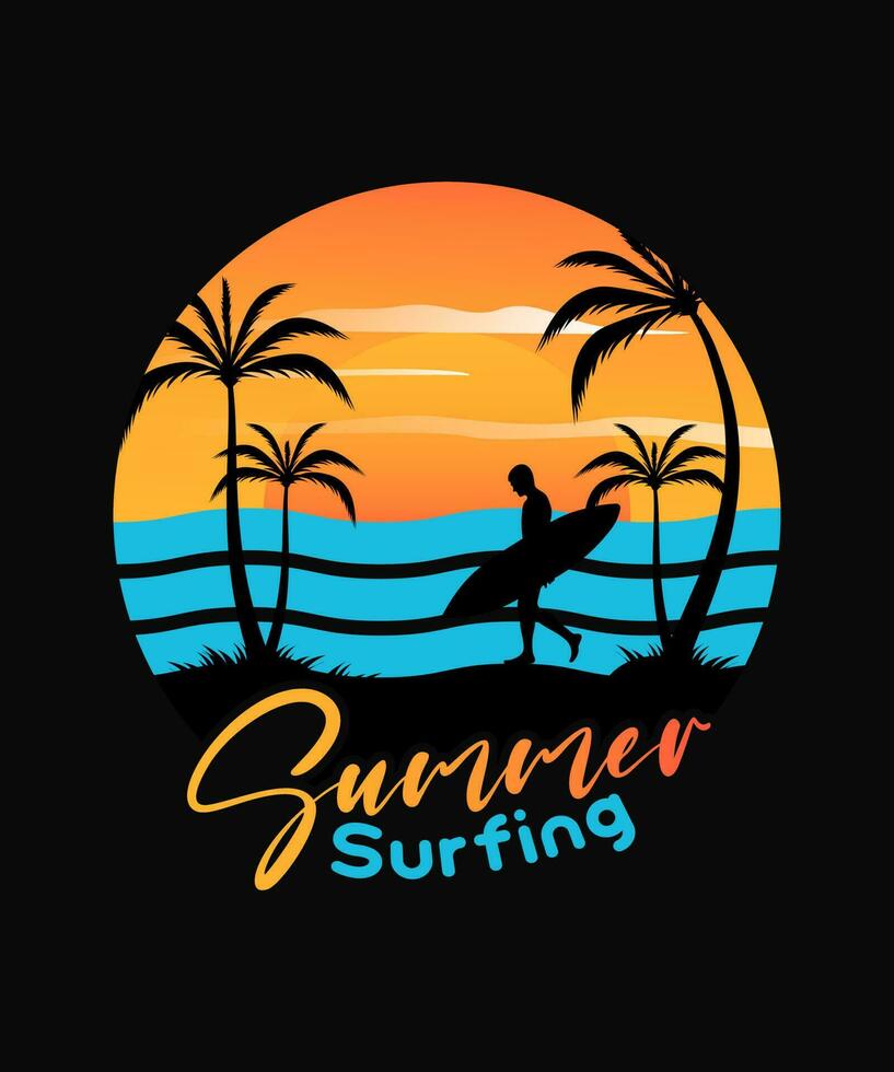 Sommer- Surfen T-Shirt Design Silhouette von ein Surfer und Palme Bäume auf ein schwarz Hintergrund vektor