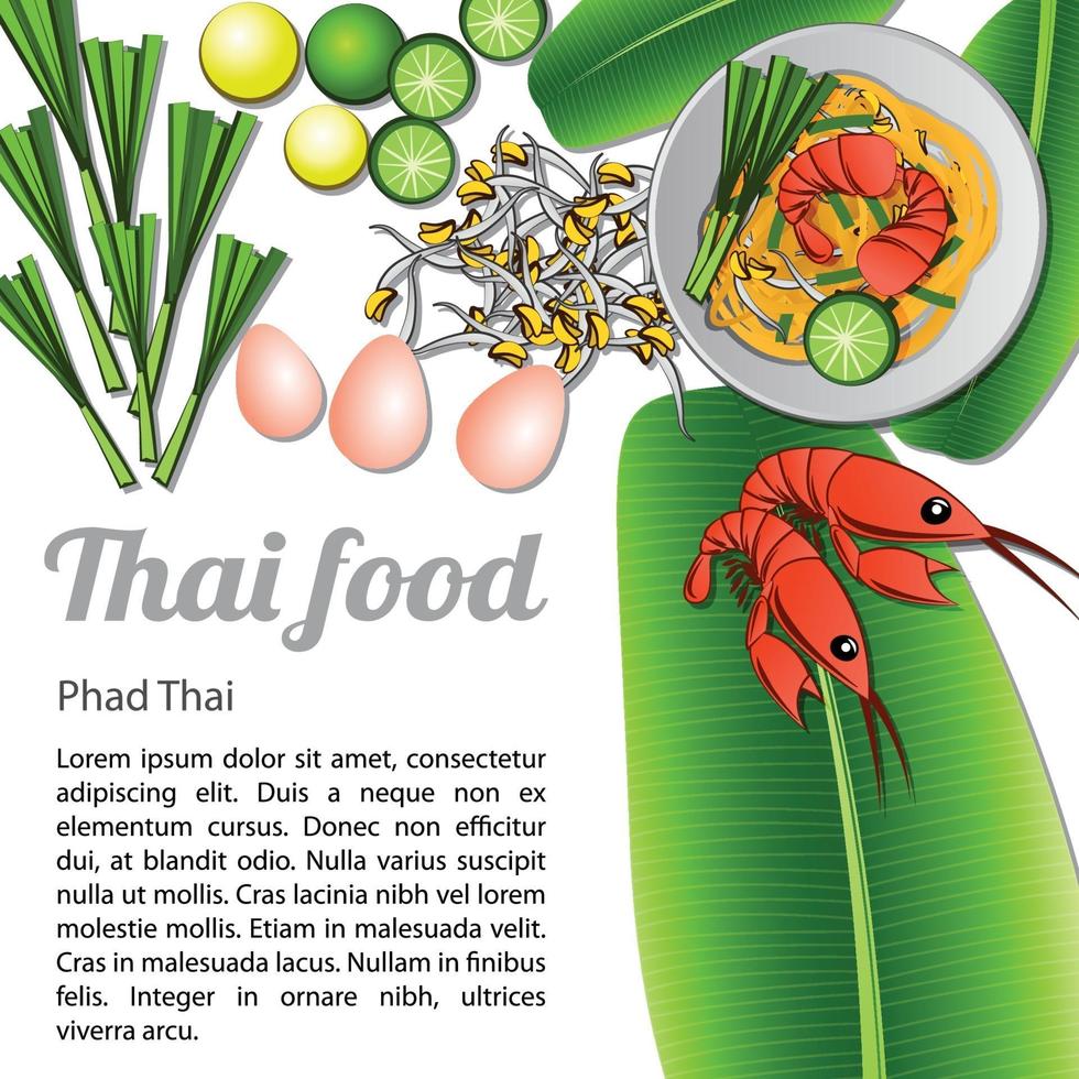 thailändisches köstliches und berühmtes Essen gebratener Nudelstab mit Garnelen oder Pad Thai mit lokalisiertem weißem Hintergrund und Zutat vektor