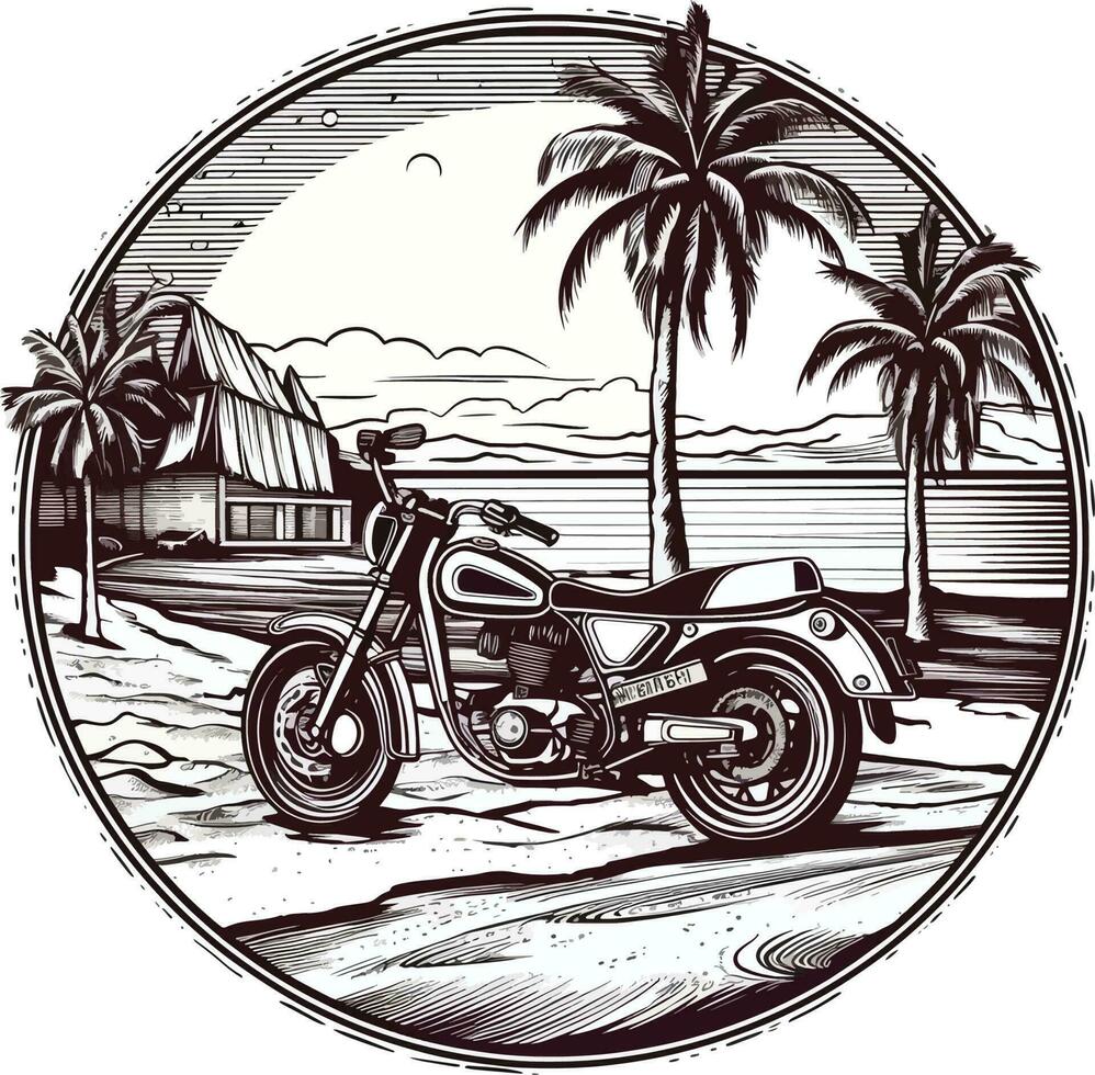 motorcykel i främre av en strand hand dragen illustration, motorcykel hand dragen illustration design, tshirt design illustration vektor