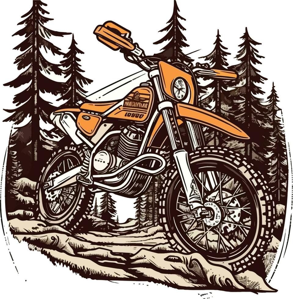 Motorrad im Vorderseite von ein Wald Hand gezeichnet Illustration, Motorrad Hand gezeichnet Illustration Design, T-Shirt Design Illustration vektor