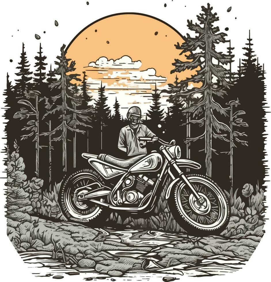 motorcykel i främre av en skog hand dragen illustration, motorcykel hand dragen illustration design, tshirt design illustration vektor