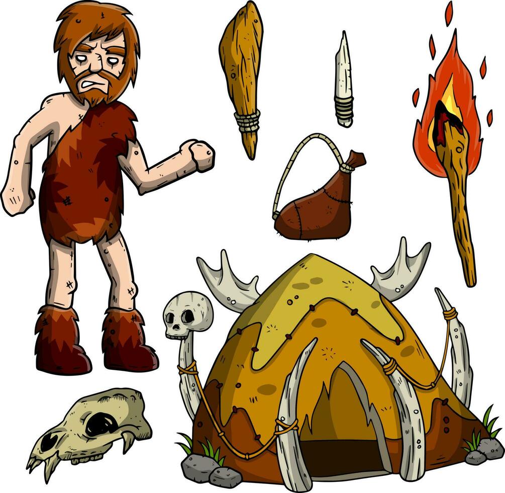 uppsättning av caveman föremål. en hydda av skinn och ben, en trä- klubb, en fackla, de skalle av ett djur. de livsstil av primitiv man. tecknad serie illustration vektor