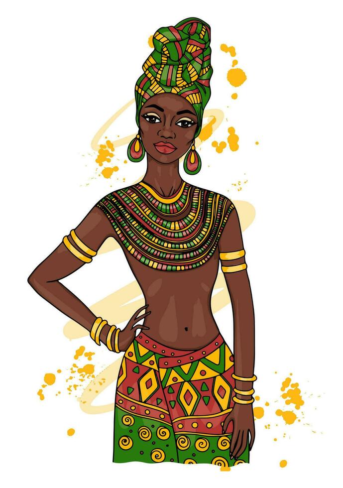 schön afrikanisch ethnisch Frau. Stammes- Boho Stil. Vektor Mode Illustration