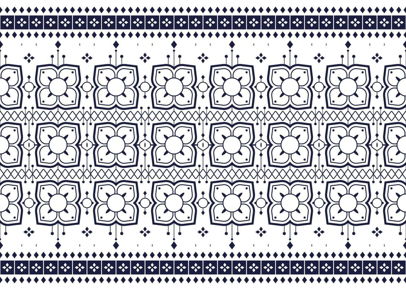 geometrisch und Blume Weiß Linie ethnisch Stoff Muster auf Blau Hintergrund zum Stoff Teppich Hintergrund Hintergrund Verpackung usw. vektor