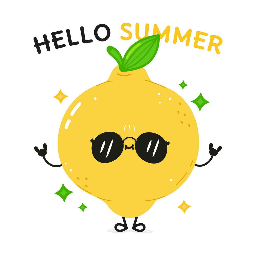 Zitrone Charakter. Hallo Sommer- Karte. Vektor Hand gezeichnet Karikatur kawaii Charakter Illustration Symbol. isoliert auf Weiß Hintergrund. Zitrone Obst Charakter Konzept