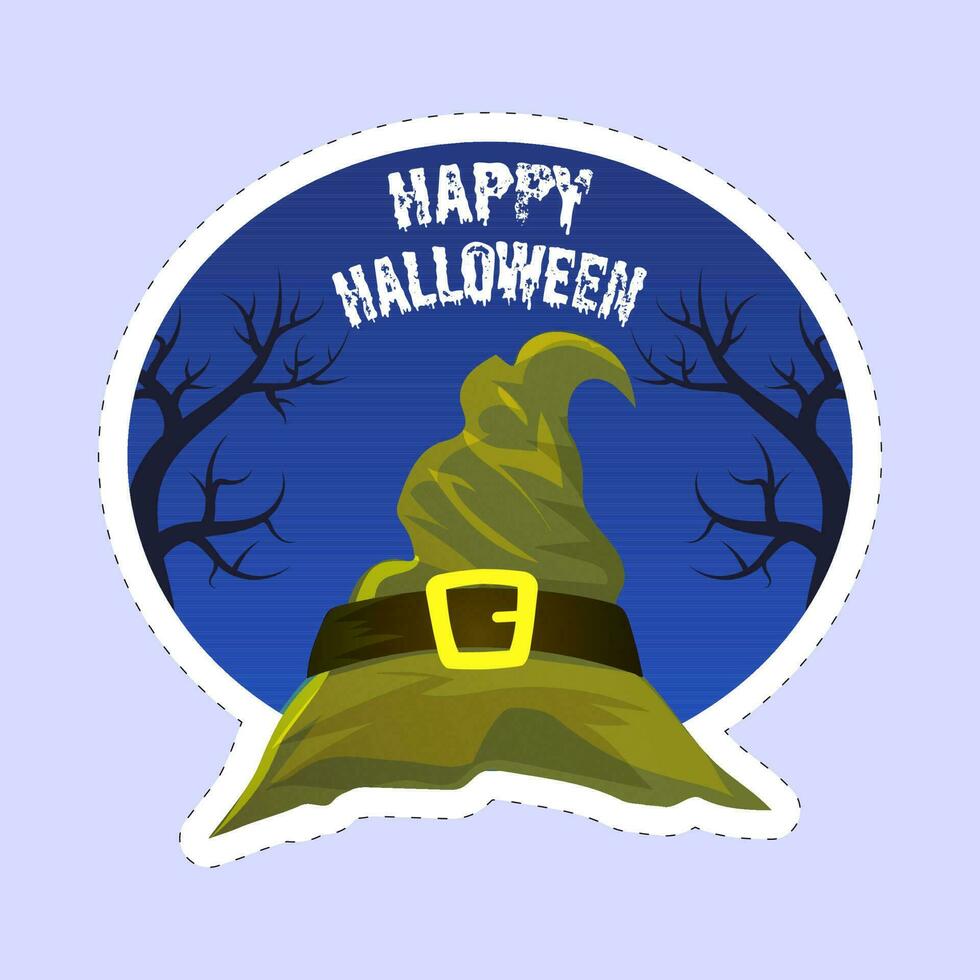 Aufkleber Stil glücklich Halloween Schriftart mit Hexe Hut und nackt Bäume auf Blau Hintergrund. vektor