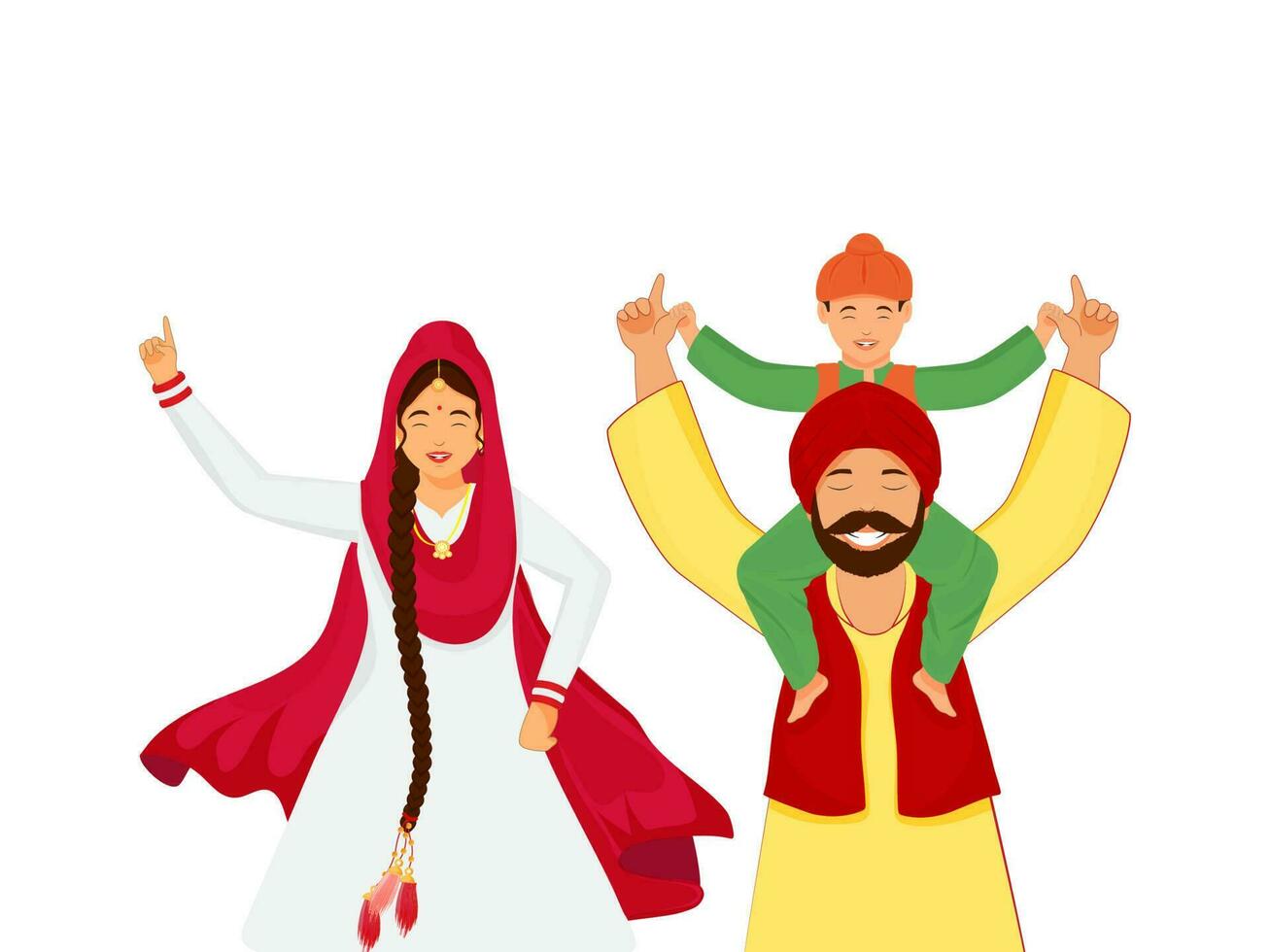 Punjabi Familie tun Bhangra im traditionell Kleidung. vektor