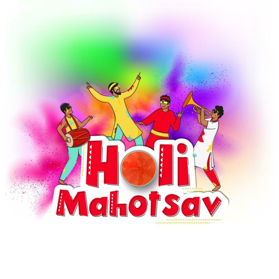 holi mahotsaw Schriftart mit oben Aussicht Schüssel voll von Pulver und jung Männer genießen auf verschwommen trocken Farbe Spritzen Hintergrund. vektor