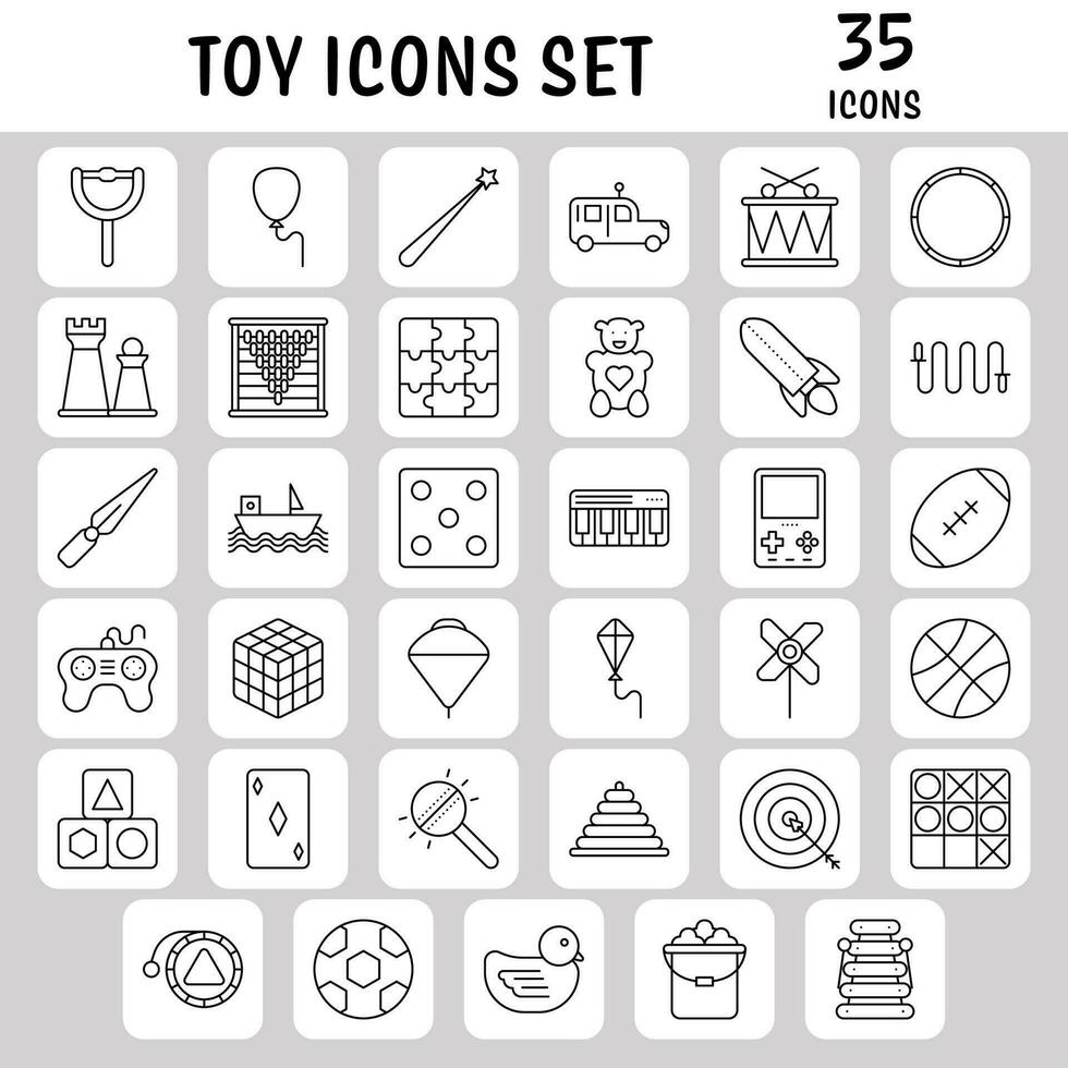schwarz linear Stil 35 Spielzeuge Symbol einstellen auf Weiß Platz Hintergrund. vektor