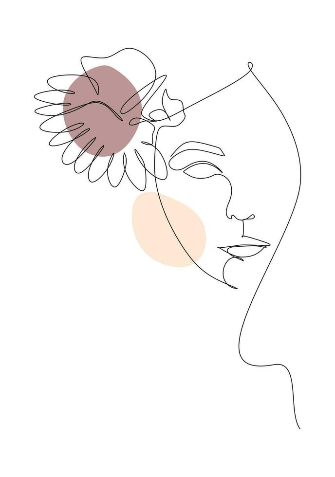 kontinuerlig ett enkel enda abstrakt linje teckning av kvinna ansikte med blomma. linjär stiliserade. vektor