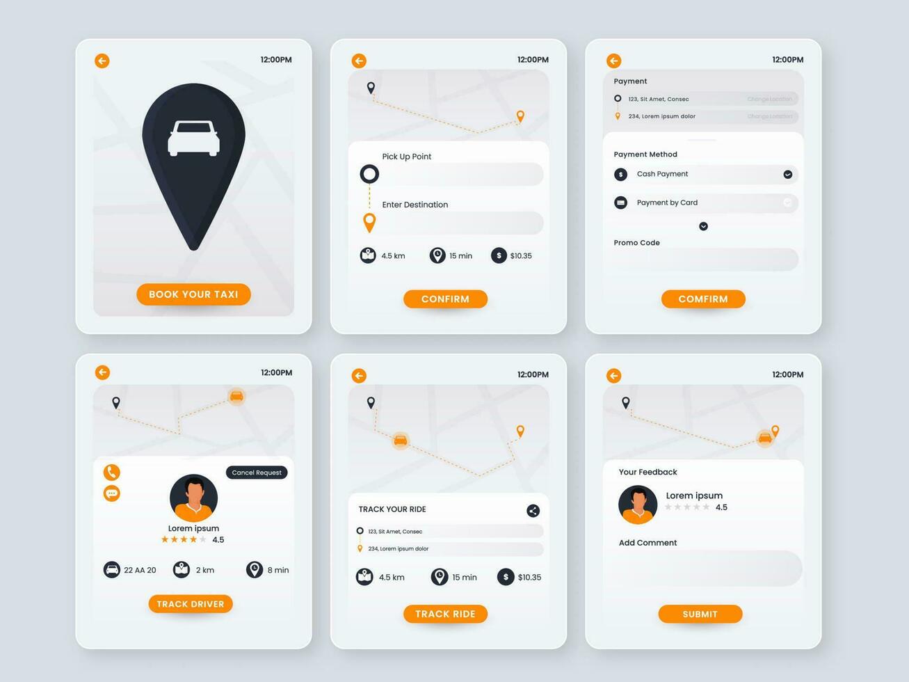 online Taxi Buchung App ui, ux oder Vorlage Design im sechs Optionen. vektor