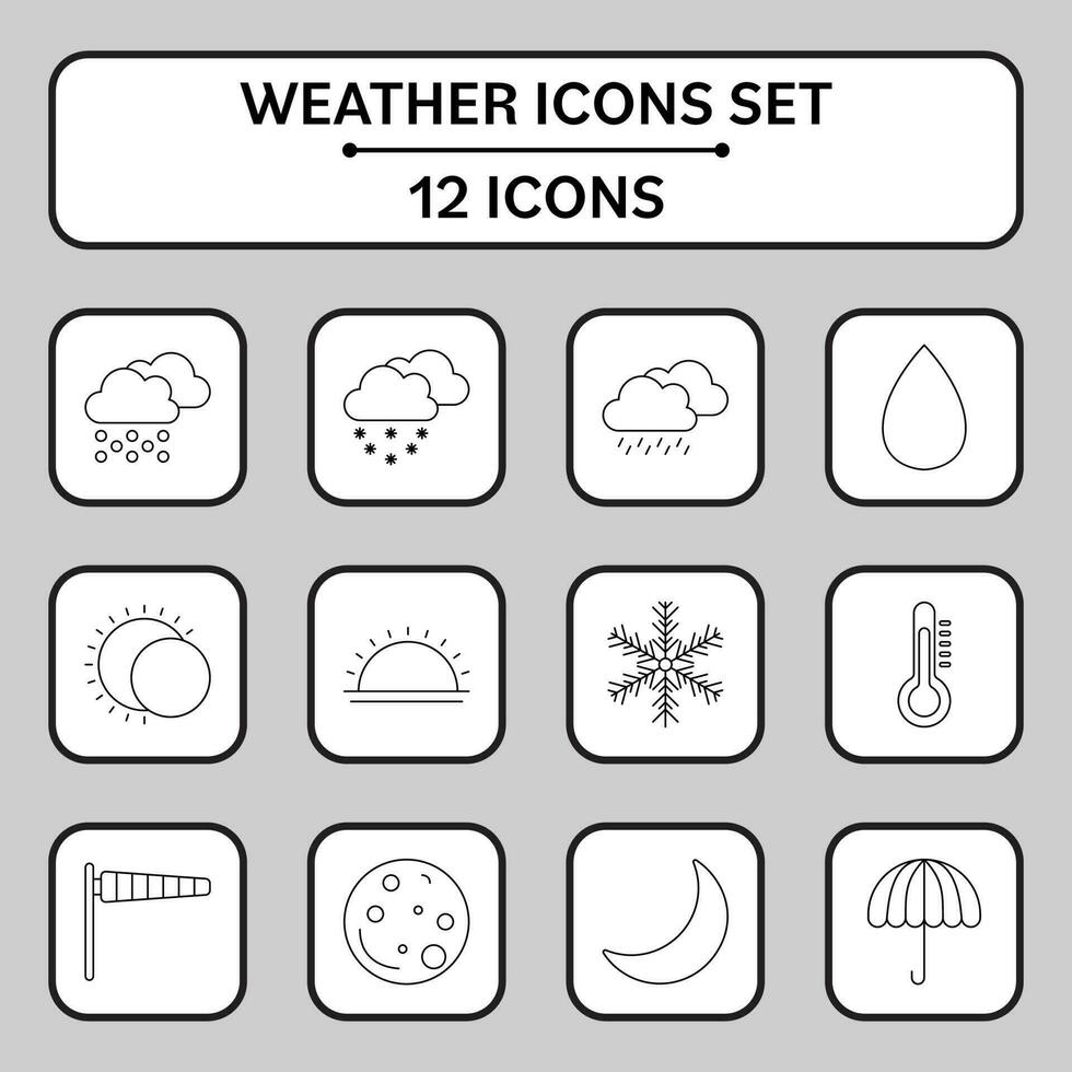 12 väder linjär ikon uppsättning på vit och grå fyrkant bakgrund. vektor