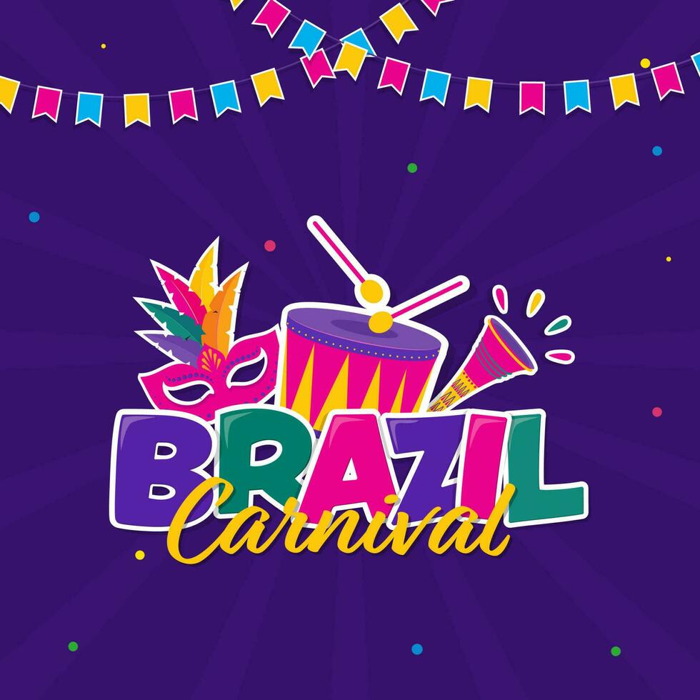bunt Brasilien Karneval mit Aufkleber Stil Festival Elemente und Ammer Flaggen dekoriert auf lila Strahlen Hintergrund. vektor