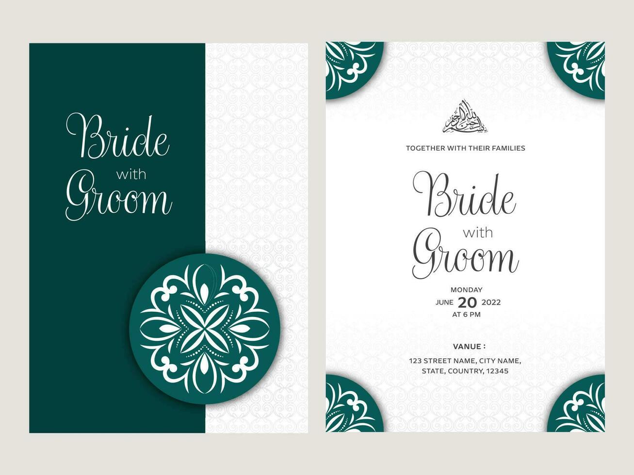 dubbel- sida av islamic bröllop inbjudan kort i grön och vit Färg. vektor