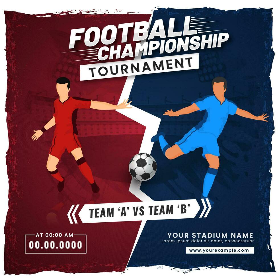 Fußballer Spieler von teilnehmen Mannschaft ein vs. b auf abstrakt rot und Blau Hintergrund zum Meisterschaft Turnier Konzept. vektor