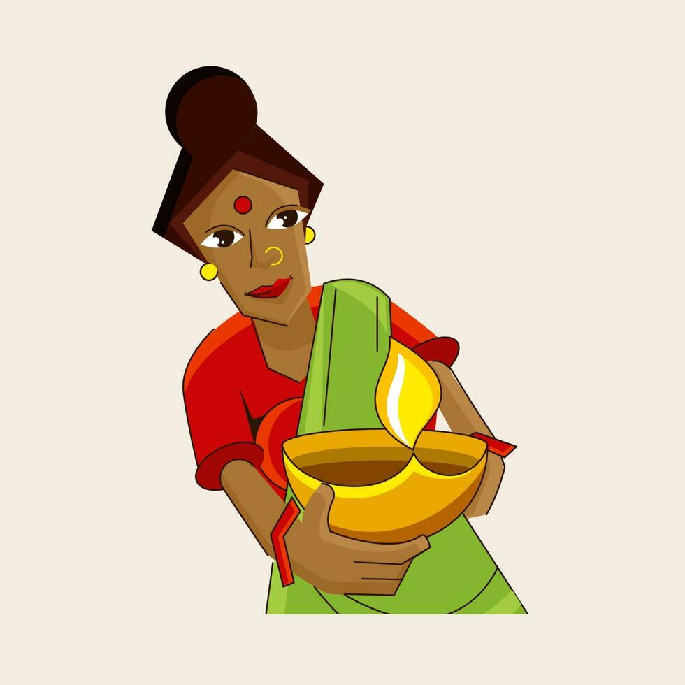 tecknad serie indisk kvinna innehav upplyst olja lampa på beige bakgrund. vektor
