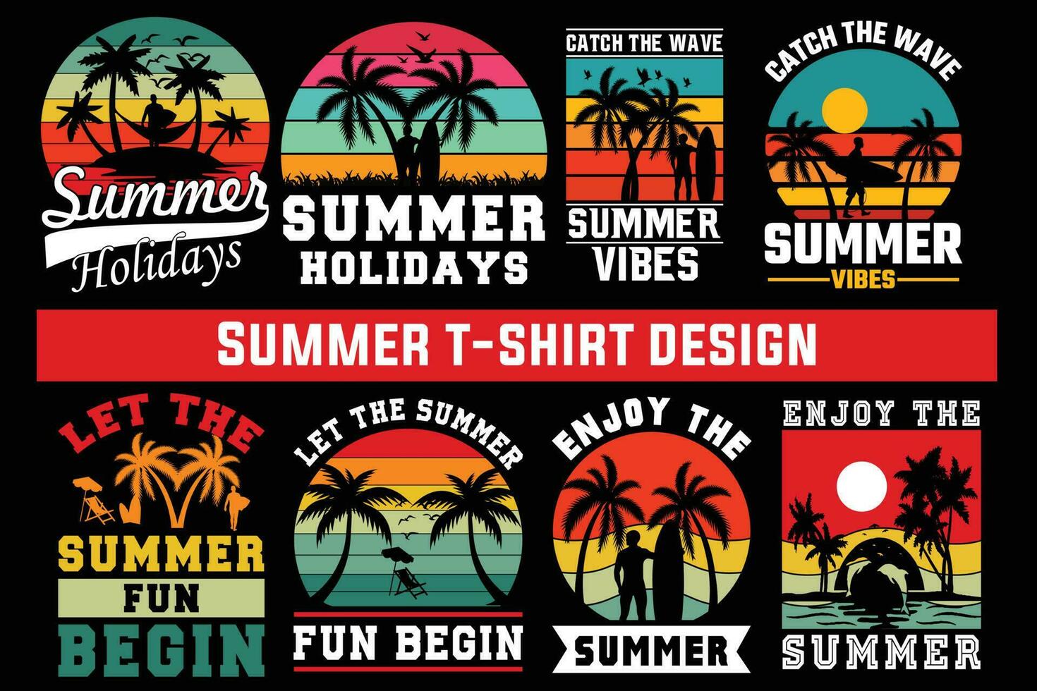 Sommer- T-Shirt Design bündeln, Sommer- Strand Ferien T-Shirts, Sommer- Surfen T-Shirt Vektor Design