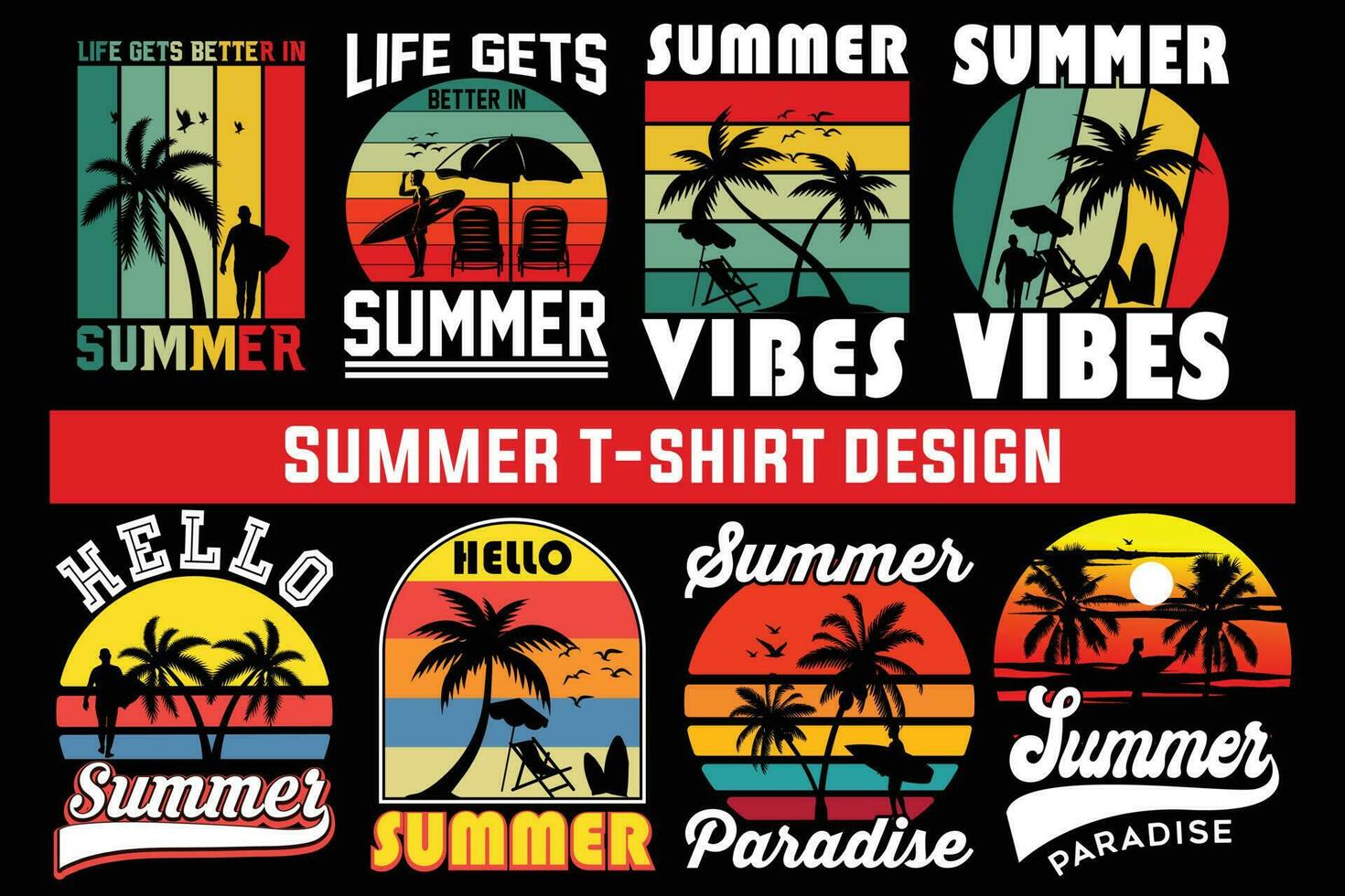 sommar t-shirt design bunt, sommar strand semester t-shirts, sommar surfing t-shirt vektor design