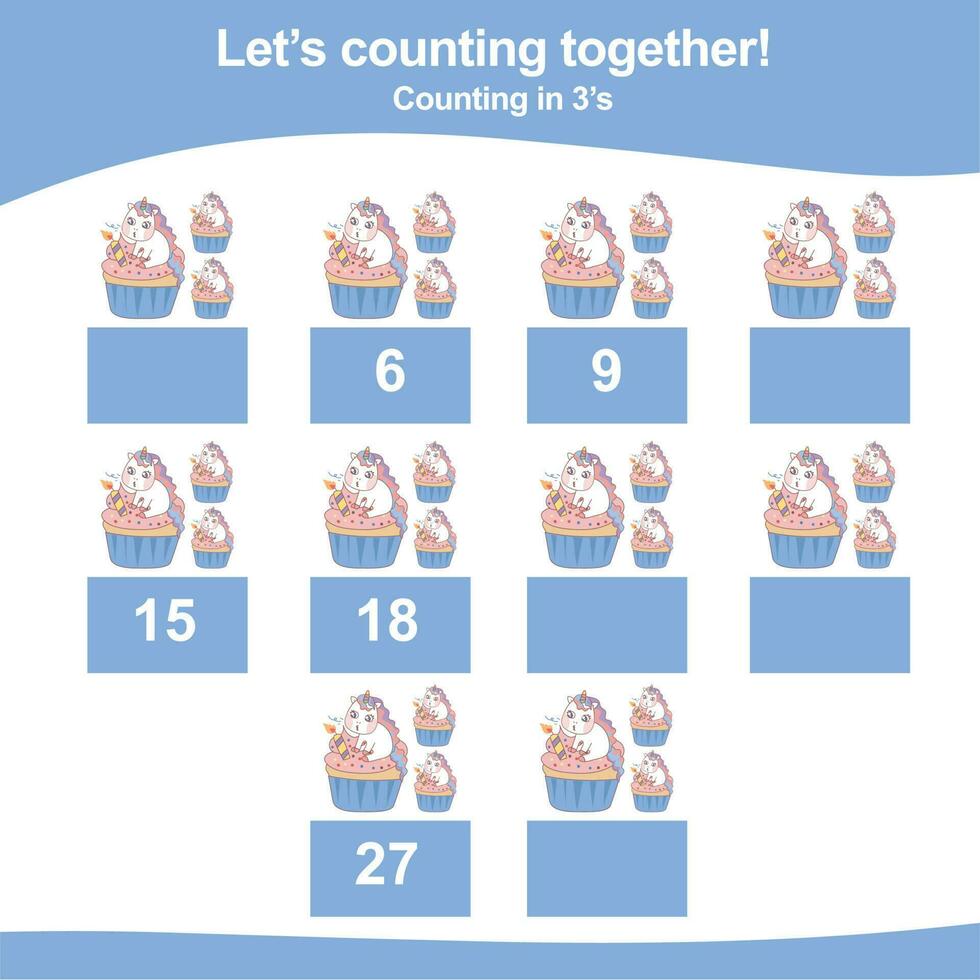 Arbeitsblatt zum mathematischen zählen. Mathe-Aktivität, zählen und schreiben Sie die fehlenden Zahlen, mathematische Vielfache. pädagogisches druckbares mathearbeitsblatt für kinder. Vektordatei. vektor