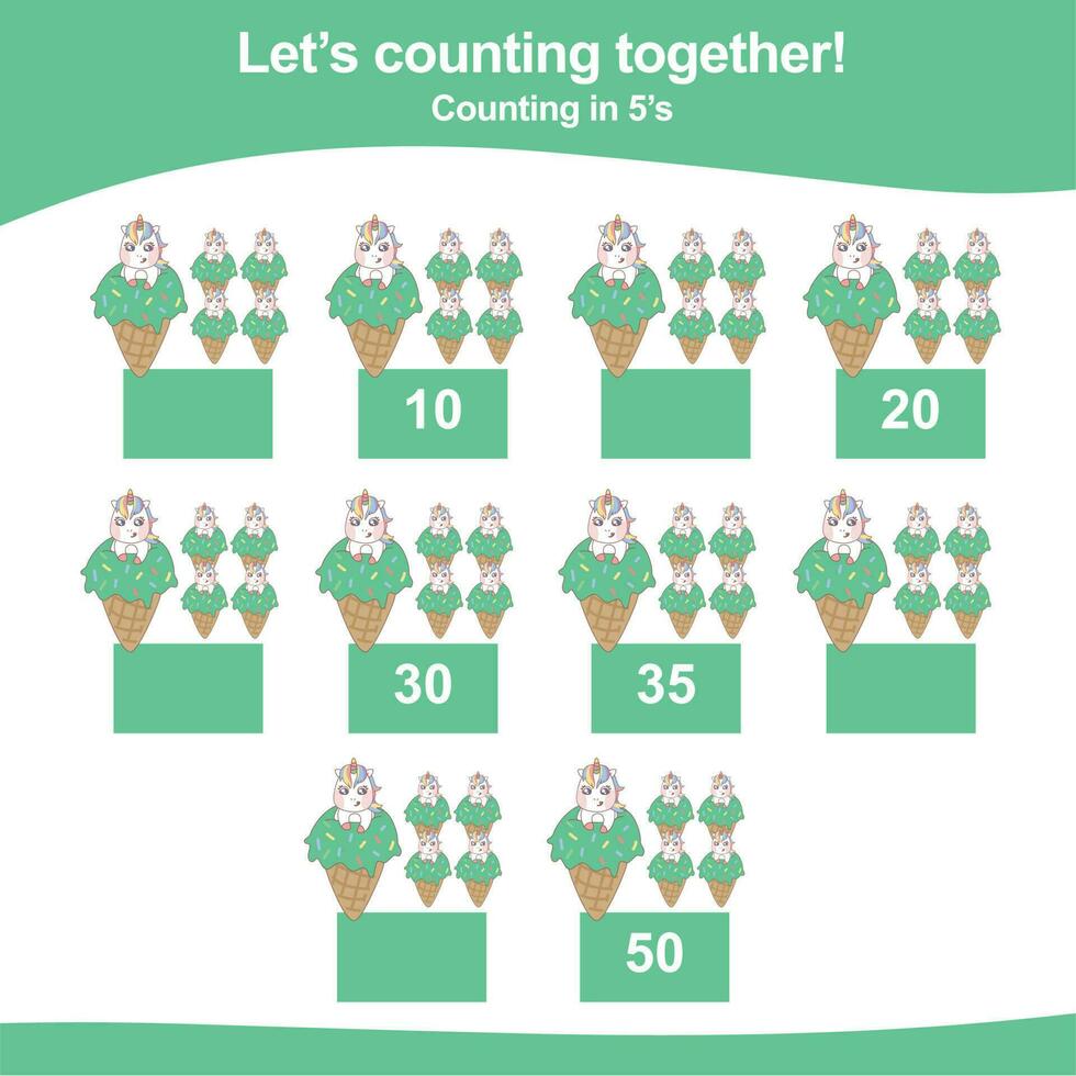 Arbeitsblatt zum mathematischen zählen. Mathe-Aktivität, zählen und schreiben Sie die fehlenden Zahlen, mathematische Vielfache. pädagogisches druckbares mathearbeitsblatt für kinder. Vektordatei. vektor