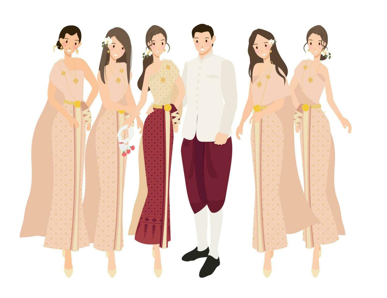 schön glücklich Braut Bräutigam und Brautjungfer im thailändisch traditionell Kleid Kleid Hochzeit Zeremonie vektor