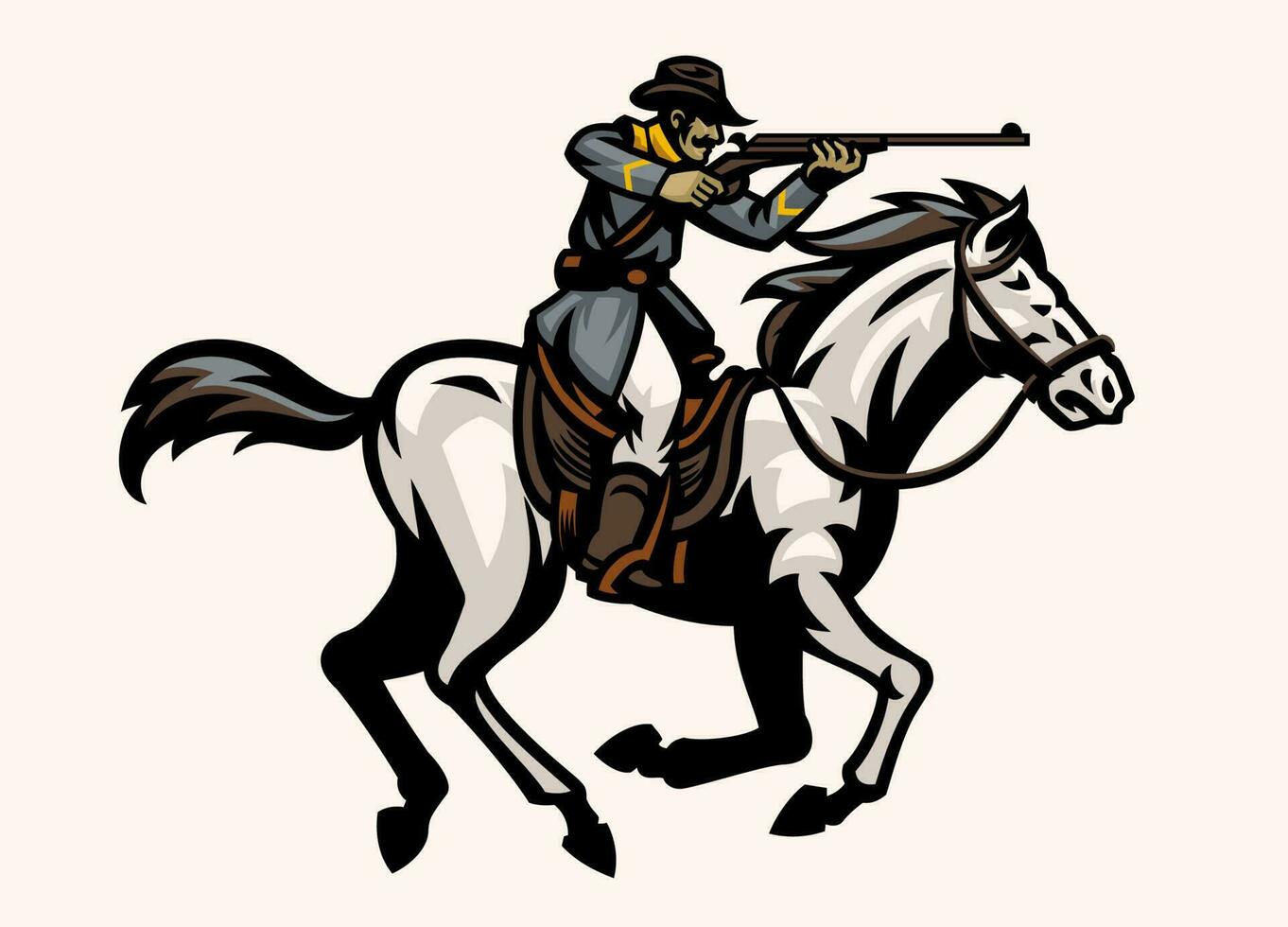 bürgerlich Krieg Konföderierter Heer Schießen Gewehr während Reiten das Pferd vektor