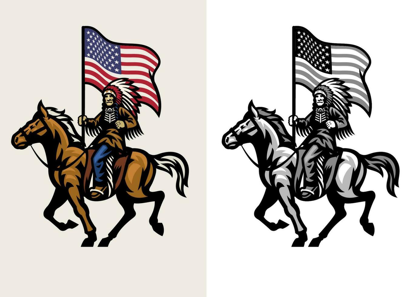 uppsättning amerikan indisk chef ridning häst och håll de amerikan flagga vektor