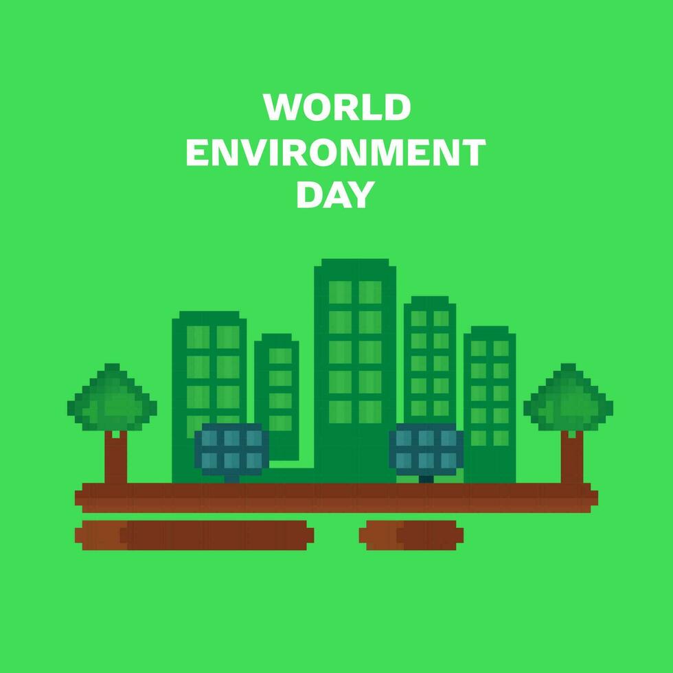 värld miljö dag begrepp med pixel konst byggnader, sol- paneler och träd på grön bakgrund. vektor