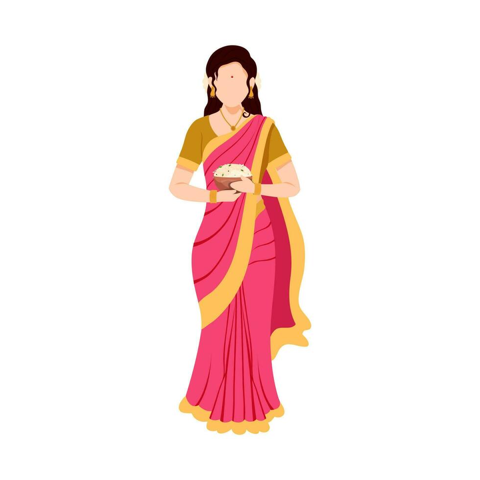 söder indisk ung kvinna innehav traditionell maträtt i stående utgör. vektor