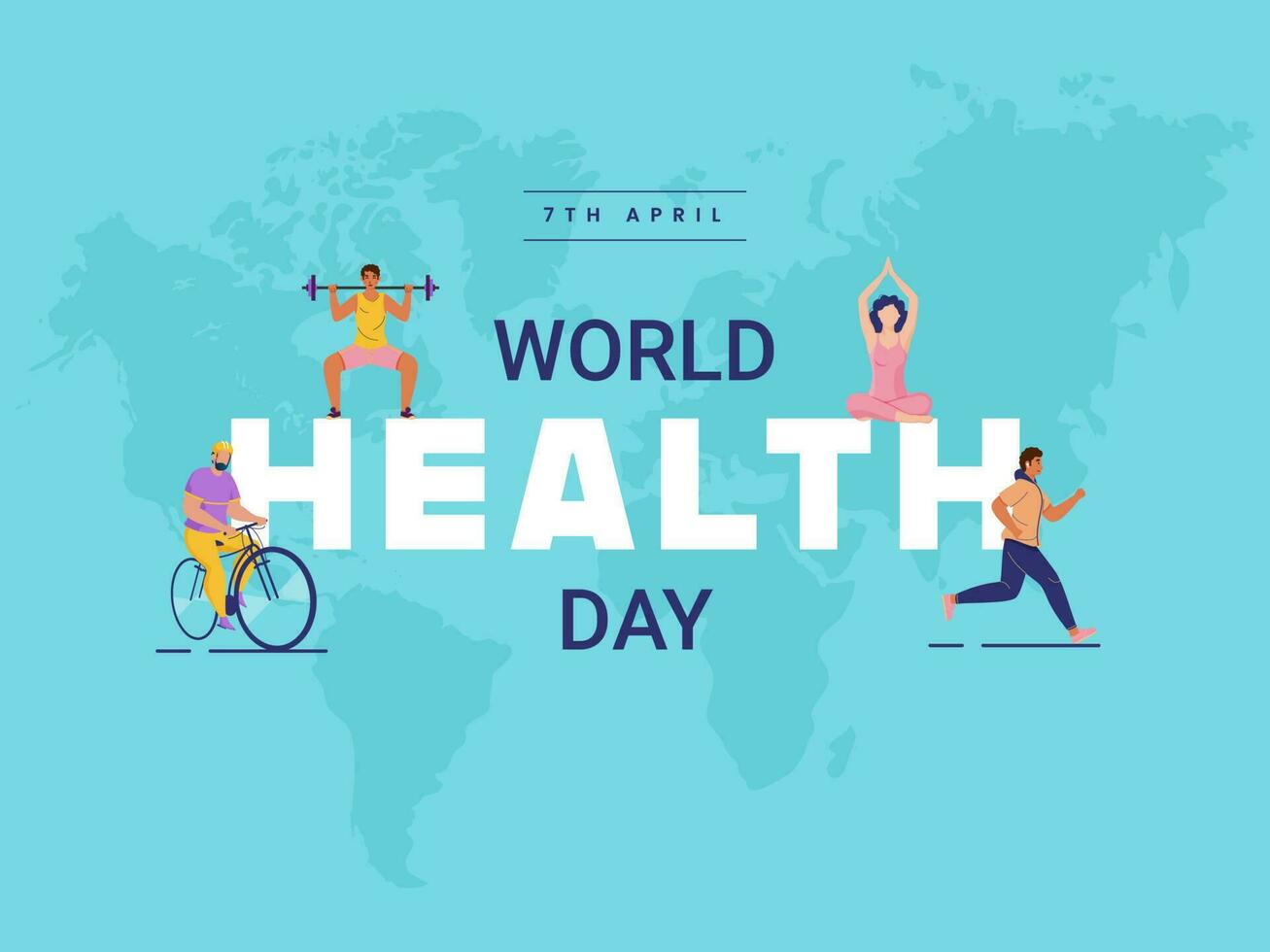 7:e april, värld hälsa dag font med tecknad serie människor karaktär i annorlunda aktiviteter på blå värld Karta bakgrund. vektor