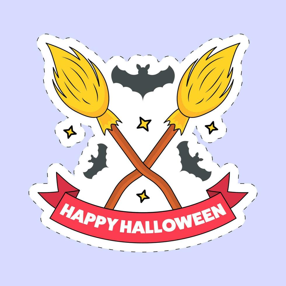 Aufkleber Stil glücklich Halloween Schriftart mit gekreuzt Besen und fliegend Fledermäuse auf Blau Hintergrund. vektor