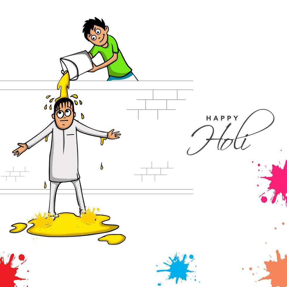söt liten pojke häller flytande Färg till man på de tillfälle av indisk festival, holi firande. vektor