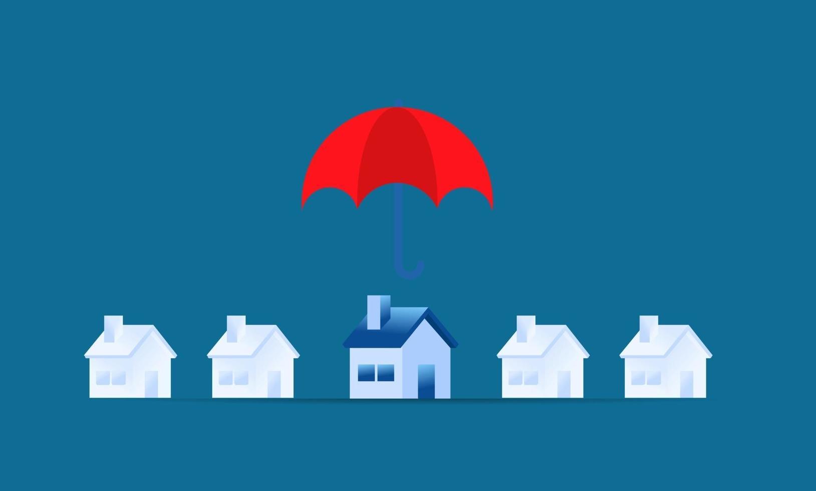 einfache Versicherungsillustration Hausschutz große Hand, die roten Regenschirm für den Schutz des winzigen Hauses hält vektor