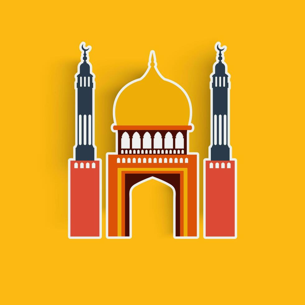 Muslim Gemeinschaft Festival Konzept mit Aufkleber Stil Moschee Illustration gegen Orange Hintergrund. vektor