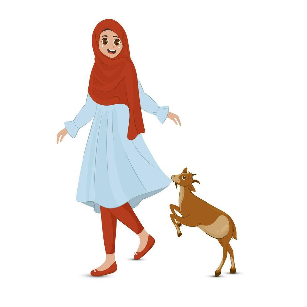 illustration av muslim ung lady med tecknad serie get över på vit bakgrund. vektor