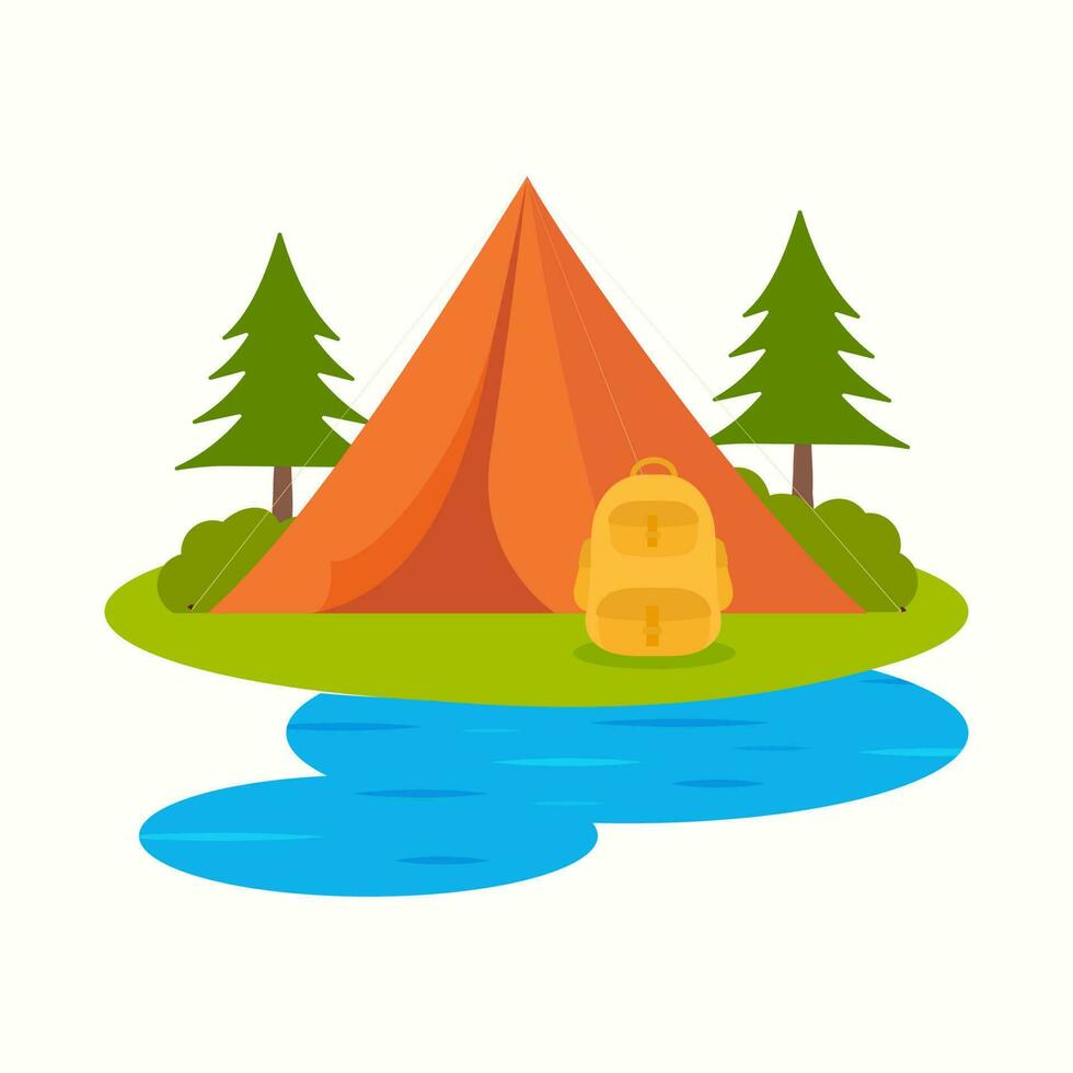 Vektor Camping Zelt mit Rucksack, Bäume gegen Weiß Hintergrund.