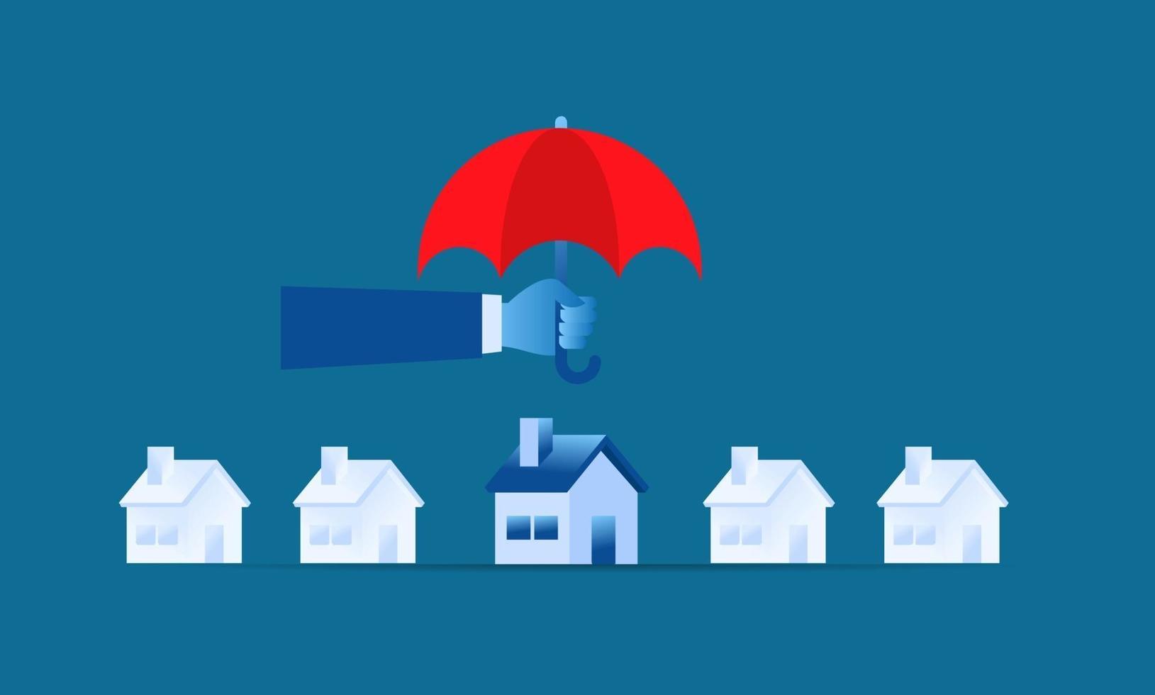 enkel försäkringsillustration hemskydd stor hand som håller rött paraply för att skydda litet hus vektor