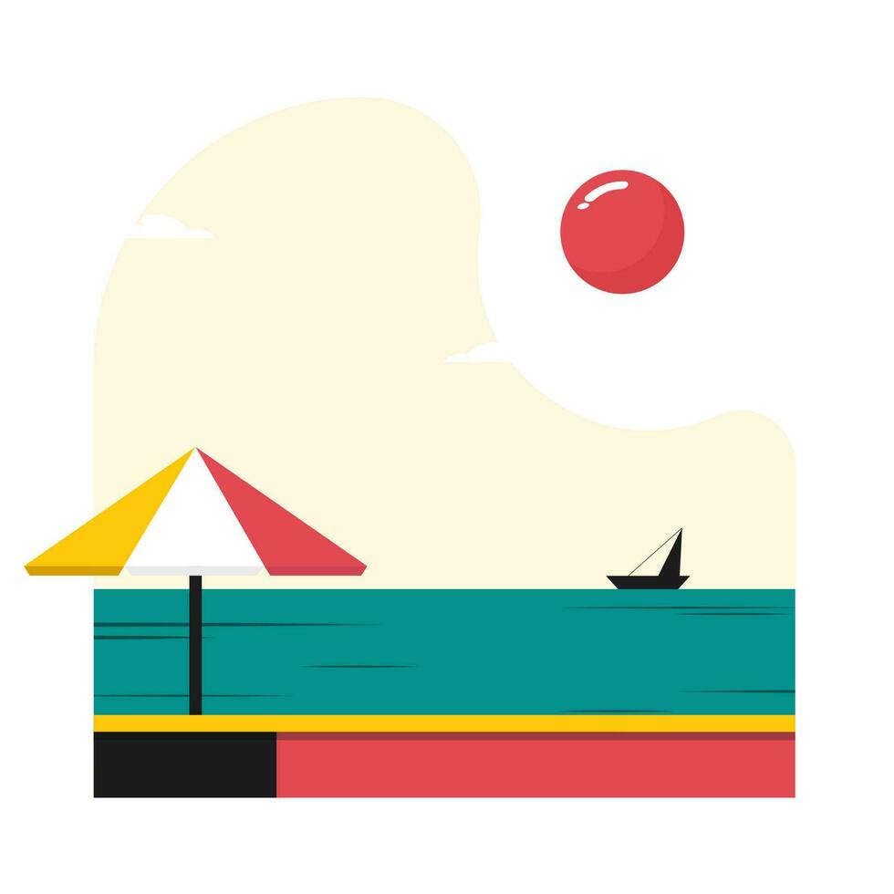 vektor flod eller strand scen med paraply, båt, solsken mot vit bakgrund.