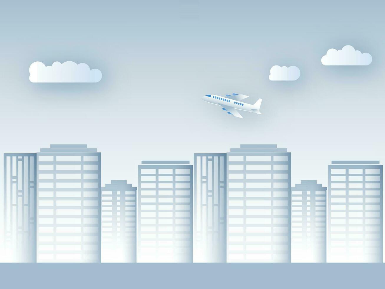 papper skära bostads- byggnader med moln och flygplan på glansig ljus blå bakgrund. vektor