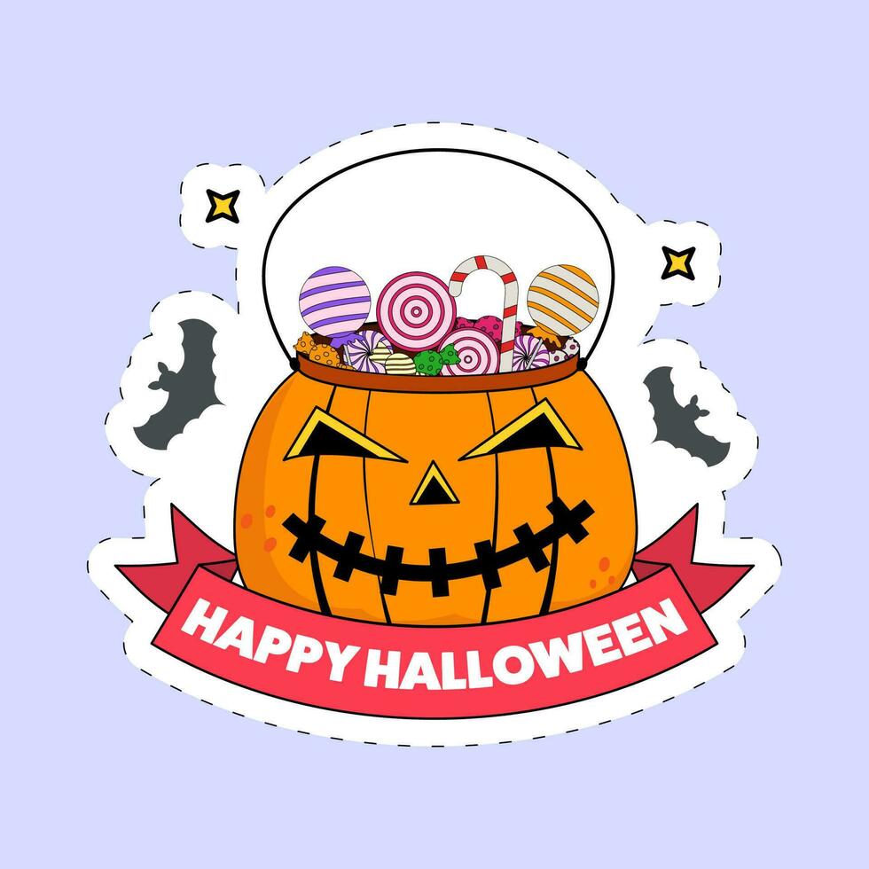 Aufkleber Stil glücklich Halloween Schriftart mit unheimlich Kürbis Korb voll von Süßigkeiten und fliegend Fledermäuse auf Blau Hintergrund. vektor