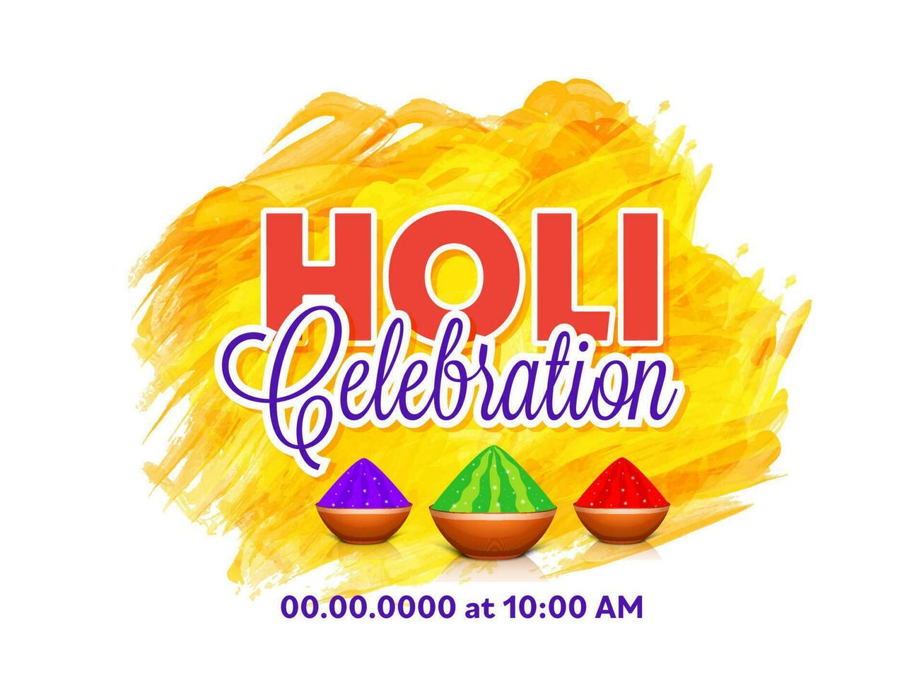 indisch Festival von Farben, glücklich holi Konzept mit stilvoll Text, trocken Farben im Schalen und Orange Bürste bewirken auf Weiß Hintergrund. vektor