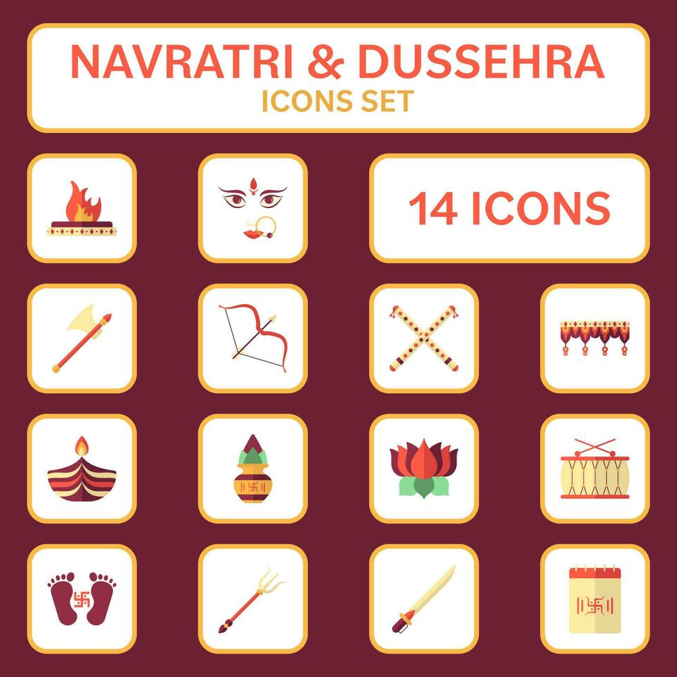 platt stil Navaratri dyrkan dag av gudinna maa ikon uppsättning på rödbrun Färg. vektor