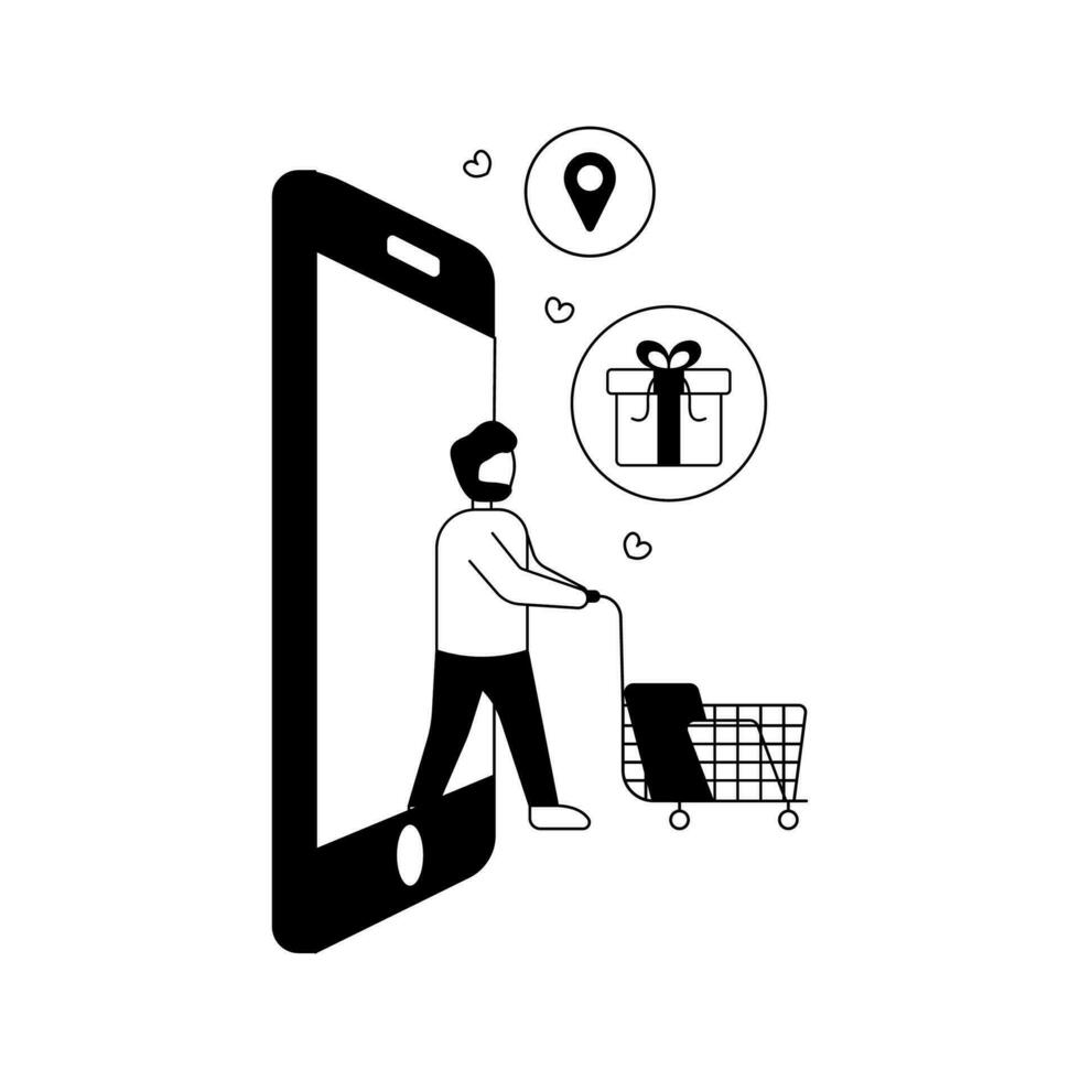 Gekritzel Stil Lieferung Mann geben Geschenk Box zu Geschäftsfrau durch Smartphone auf Weiß Hintergrund. vektor
