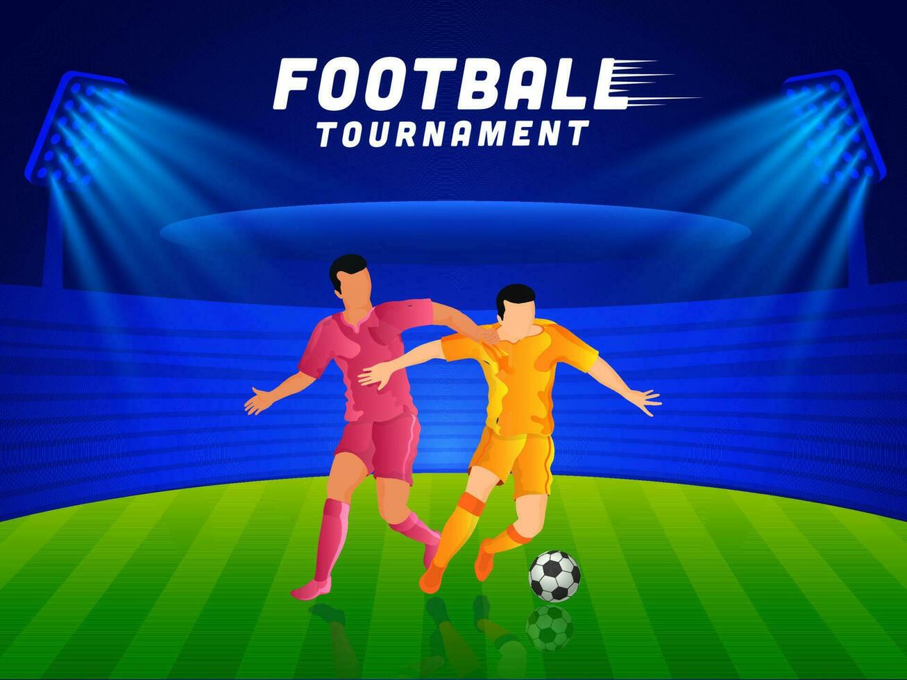 fotboll turnering begrepp med ansiktslös fotbollsspelare spelare av deltar lag på blå och grön stadion bakgrund. vektor