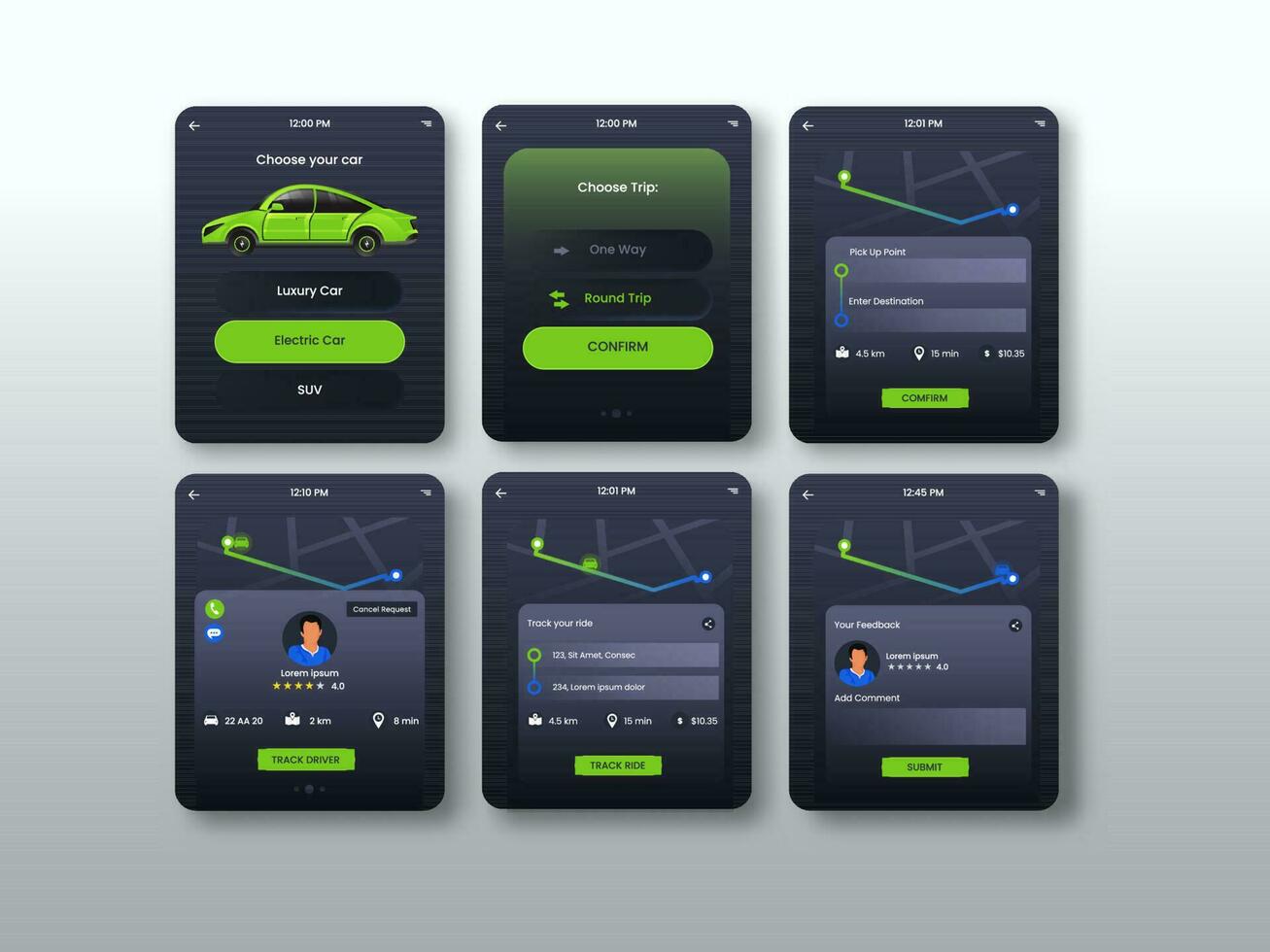 cab bokning app ui, ux skärmar för smart klockor med cab spårning och förare detaljer funktioner. vektor