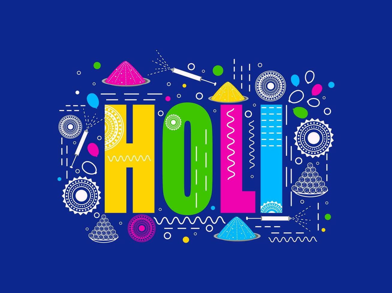 färgrik holi font med klotter mandala mönster, vatten vapen, pulver och laddu plattor dekorerad på blå bakgrund. vektor