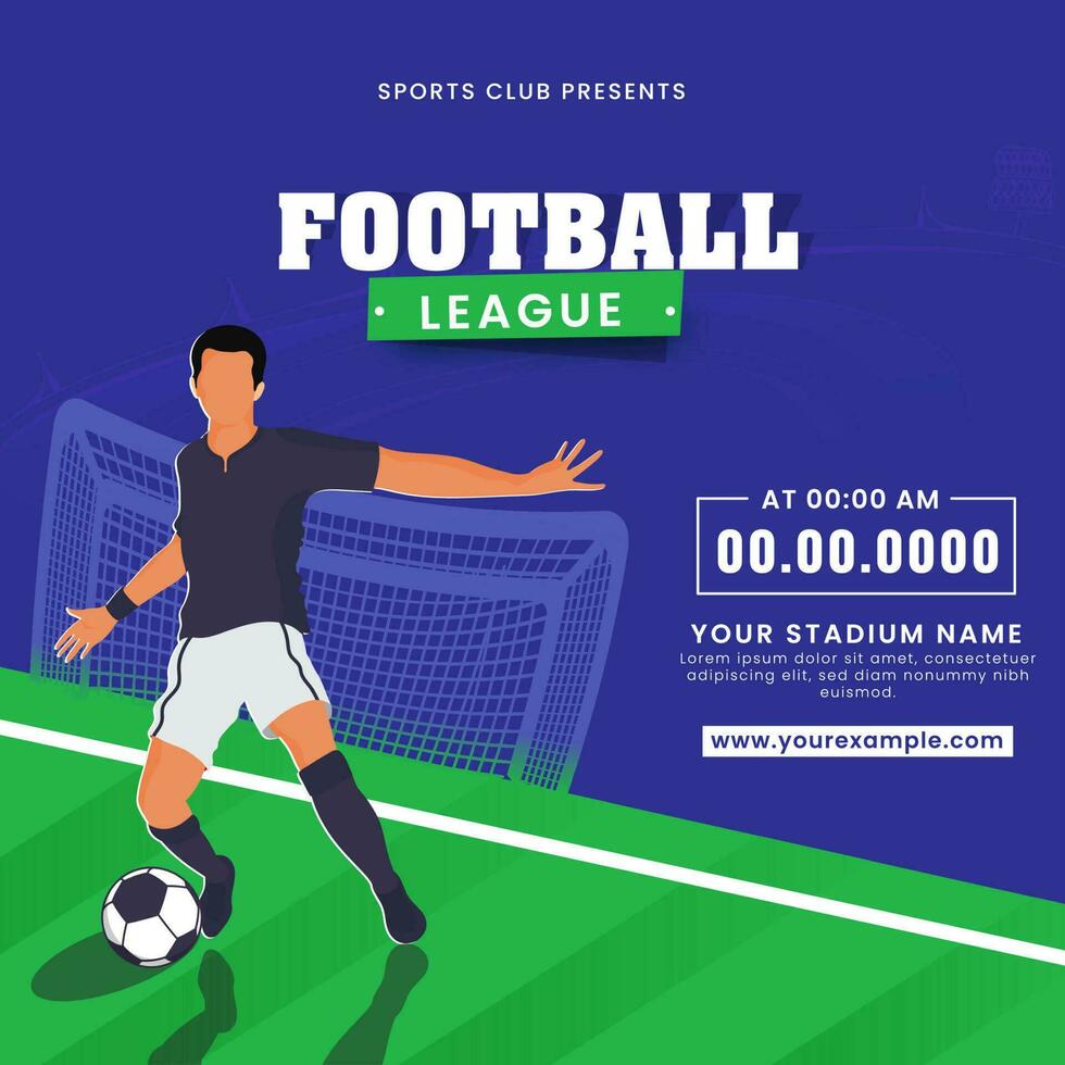 Fußball Liga Poster Design mit gesichtslos Fußballer Spieler treten Ball auf Blau und Grün Hintergrund. vektor