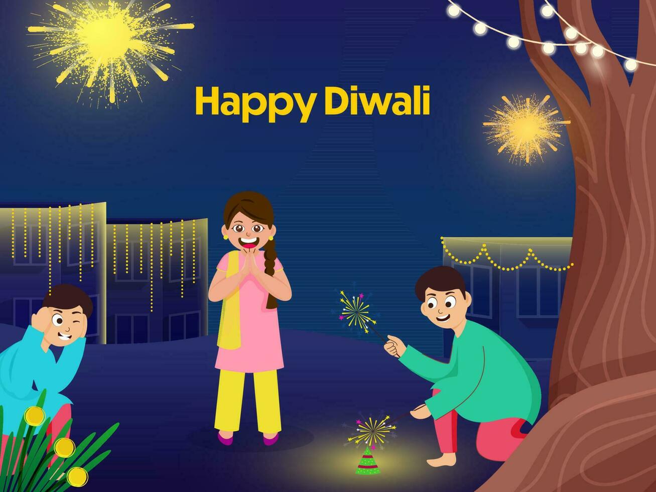 indisch Kinder genießen mit Feuerwerkskörper auf Blau Gebäude Hintergrund zum Diwali Feier Konzept. vektor